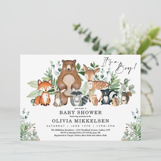 Trendy Woodland Animals Forest Boy Baby shower Kaart (Staand voorkant)