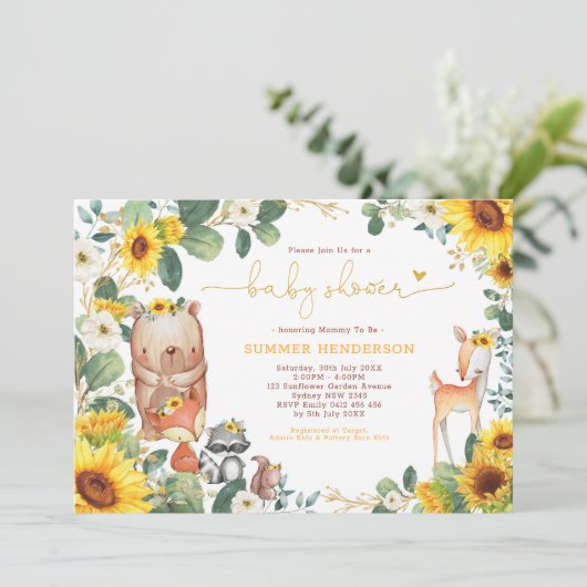 Trendy Woodland Animals Zonnebloem Baby shower Kaart (Staand voorkant)