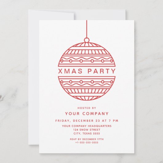 Trendy Xmas Party in rood met Kerstbal Kaart (Voorkant)