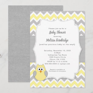 Trendy Yellow and Grey Owl Girl Baby shower Kaart