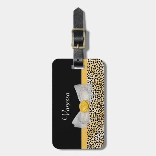 Trendy Yellow Cheetah Print Fancy Bow and Name Bagagelabel (Voorkant verticaal)