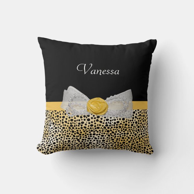 Trendy Yellow Cheetah Print Fancy Bow and Name Kussen (Voorkant)