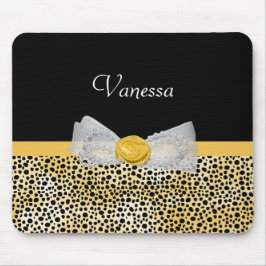 Trendy Yellow Cheetah Print Fancy Bow and Name Muismat