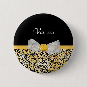 Trendy Yellow Cheetah Print Fancy Bow and Name Ronde Button 5,7 Cm