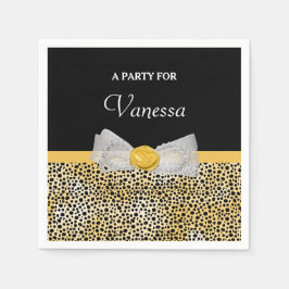 Trendy Yellow Cheetah Print Fancy Bow and Name Servetten