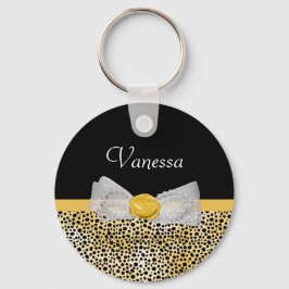 Trendy Yellow Cheetah Print Fancy Bow and Name Sleutelhanger