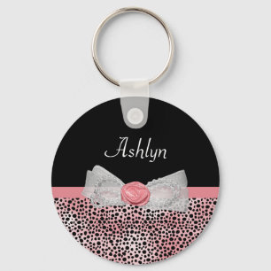 Trendy Yellow Cheetah Print Fancy Bow and Name Sleutelhanger