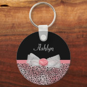 Trendy Yellow Cheetah Print Fancy Bow and Name Sleutelhanger (Voorkant)