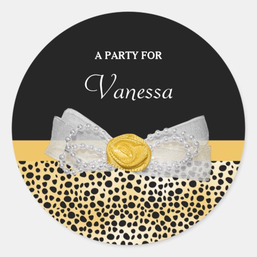 Trendy Yellow Cheetah Print Fancy Bow Party naam Ronde Sticker (Voorkant)