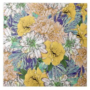 Trendy Yellow & Green Floral Girly Illustration Tegeltje
