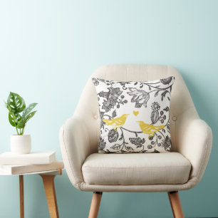 Trendy Yellow Grey and White Floral Bird Pattern Kussen