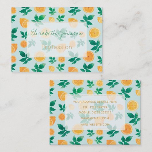 Trendy Yellow Lemon Fruit & Leaves Mint Pattern Visitekaartje (Voorkant / Achterkant)