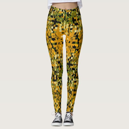 Trendy Yellow Oranje Green Black Pixel Pattern Leggings (Voorkant)