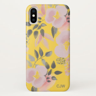 Trendy Yellow Pink Floral Pattern met Monogram Case-Mate iPhone Case