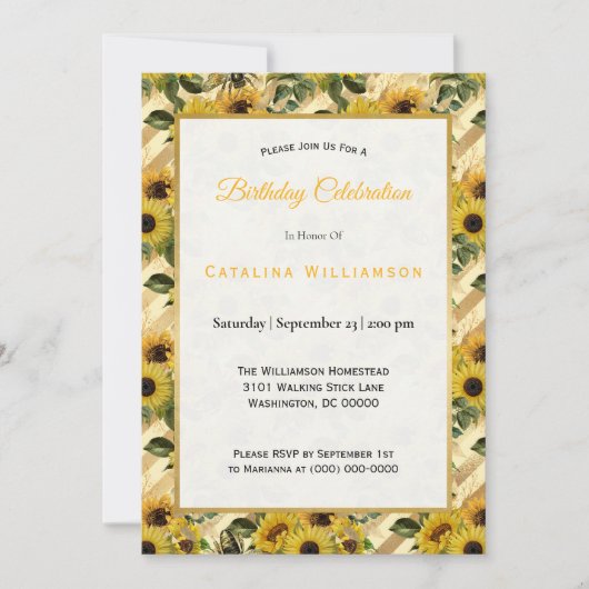 Trendy Yellow Sunflower bijen Stripe Birthday Kaart (Voorkant)