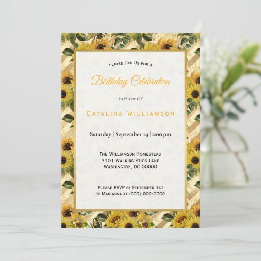 Trendy Yellow Sunflower bijen Stripe Birthday Kaart (Staand voorkant)