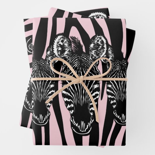 Trendy Zebra Herd op Zebra Print Pink Inpakpapier Vel (In situ)