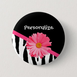 Trendy Zebra Pattern Girly roze Daisy met naam Ronde Button 5,7 Cm