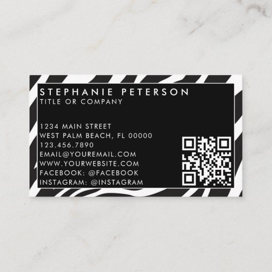 Trendy Zebra Print Aangepaste Bedrijf Logo QR Code Visitekaartje (Achterkant)