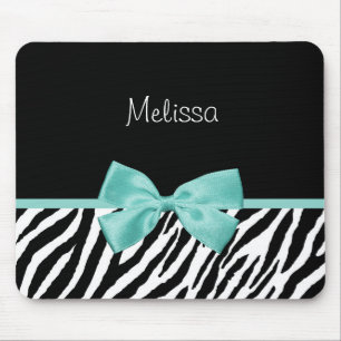 Trendy Zebra Print Aqua Mint Ribbon met naam Muismat