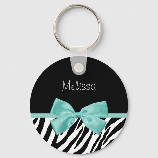 Trendy Zebra Print Aqua Mint Ribbon met naam Sleutelhanger (Voorkant)