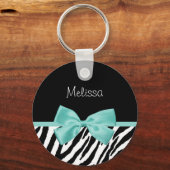 Trendy Zebra Print Aqua Mint Ribbon met naam Sleutelhanger (Voorkant)