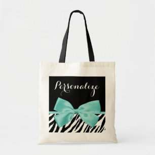 Trendy Zebra Print Aqua Mint Ribbon met naam Tote Bag