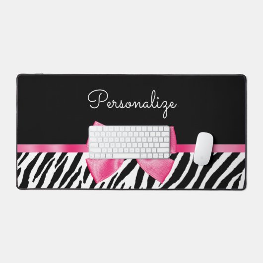 Trendy Zebra Print Chic Hot Pink Bow and Name Bureaumat (Keyboard & Muis)