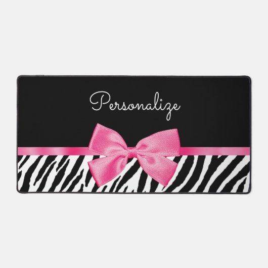 Trendy Zebra Print Chic Hot Pink Bow and Name Bureaumat (Voorkant)
