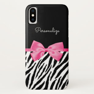 Trendy Zebra Print Chic Hot Pink Bow and Name Case-Mate iPhone Case