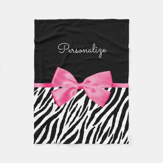 Trendy Zebra Print Chic Hot Pink Bow and Name Fleece Deken (Voorkant)