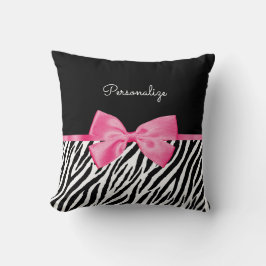 Trendy Zebra Print Chic Hot Pink Bow and Name Kussen