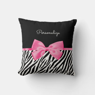 Trendy Zebra Print Chic Hot Pink Bow and Name Kussen