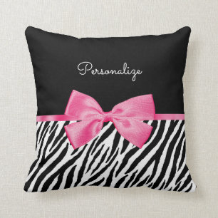 Trendy Zebra Print Chic Hot Pink Bow and Name Kussen
