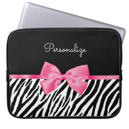 Trendy Zebra Print Chic Hot Pink Bow and Name Laptop Sleeve