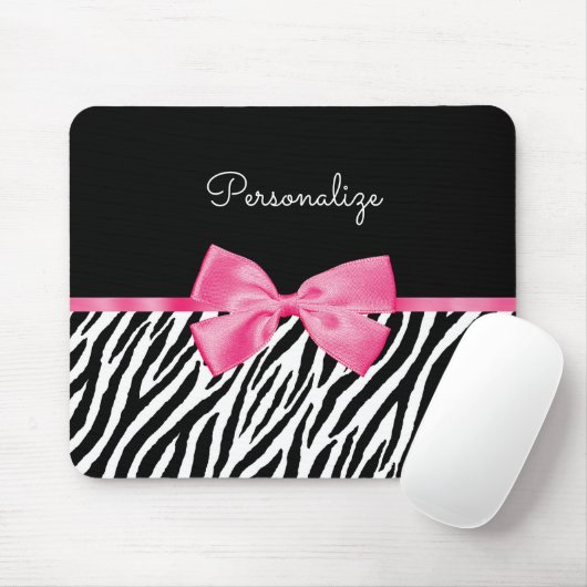 Trendy Zebra Print Chic Hot Pink Bow and Name Muismat (Met muis)