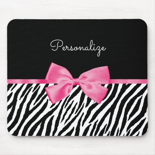 Trendy Zebra Print Chic Hot Pink Bow and Name Muismat (Voorkant)