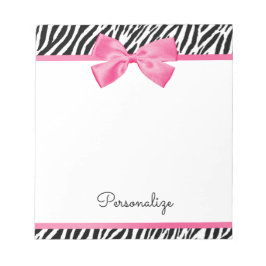 Trendy Zebra Print Chic Hot Pink Bow and Name Notitieblok