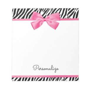 Trendy Zebra Print Chic Hot Pink Bow and Name Notitieblok