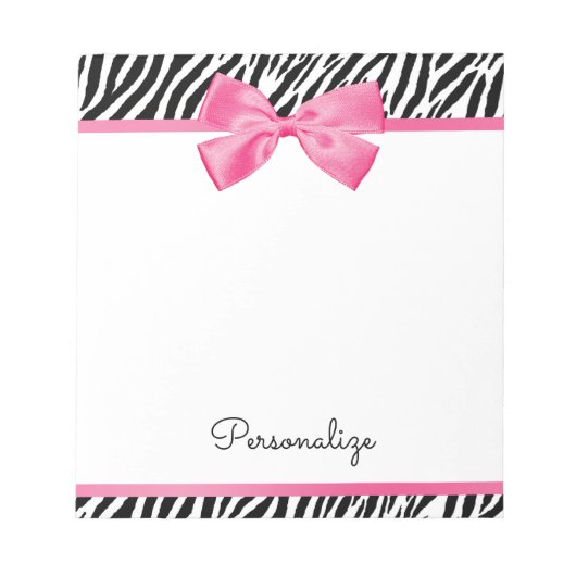 Trendy Zebra Print Chic Hot Pink Bow and Name Notitieblok (Voorkant)