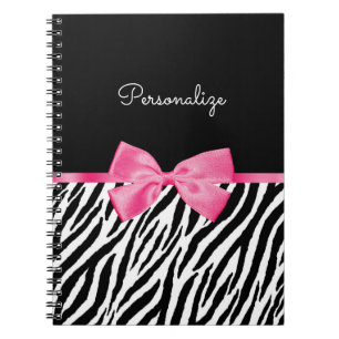 Trendy Zebra Print Chic Hot Pink Bow and Name Notitieboek