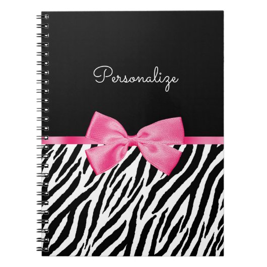 Trendy Zebra Print Chic Hot Pink Bow and Name Notitieboek (Voorkant)