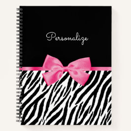 Trendy Zebra Print Chic Hot Pink Bow and Name Notitieboek