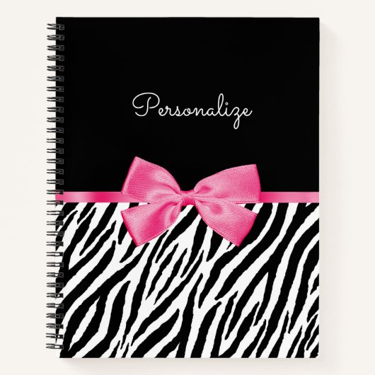 Trendy Zebra Print Chic Hot Pink Bow and Name Notitieboek (Voorkant)