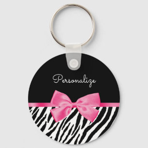 Trendy Zebra Print Chic Hot Pink Bow and Name Sleutelhanger