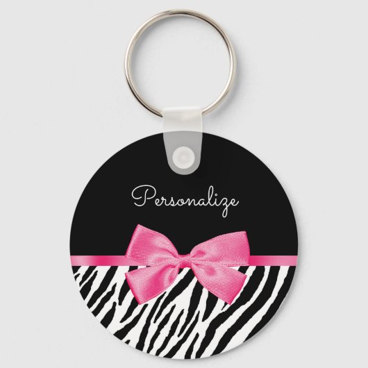 Trendy Zebra Print Chic Hot Pink Bow and Name Sleutelhanger (Voorkant)