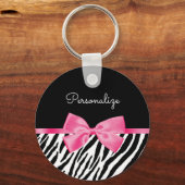 Trendy Zebra Print Chic Hot Pink Bow and Name Sleutelhanger (Voorkant)