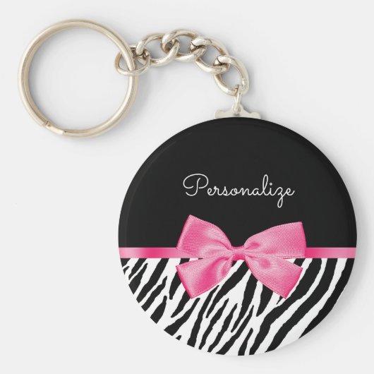 Trendy Zebra Print Chic Hot Pink Bow and Name Sleutelhanger (Voorkant)