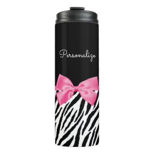 Trendy Zebra Print Chic Hot Pink Bow and Name Thermosbeker