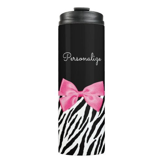 Trendy Zebra Print Chic Hot Pink Bow and Name Thermosbeker (Voorkant)